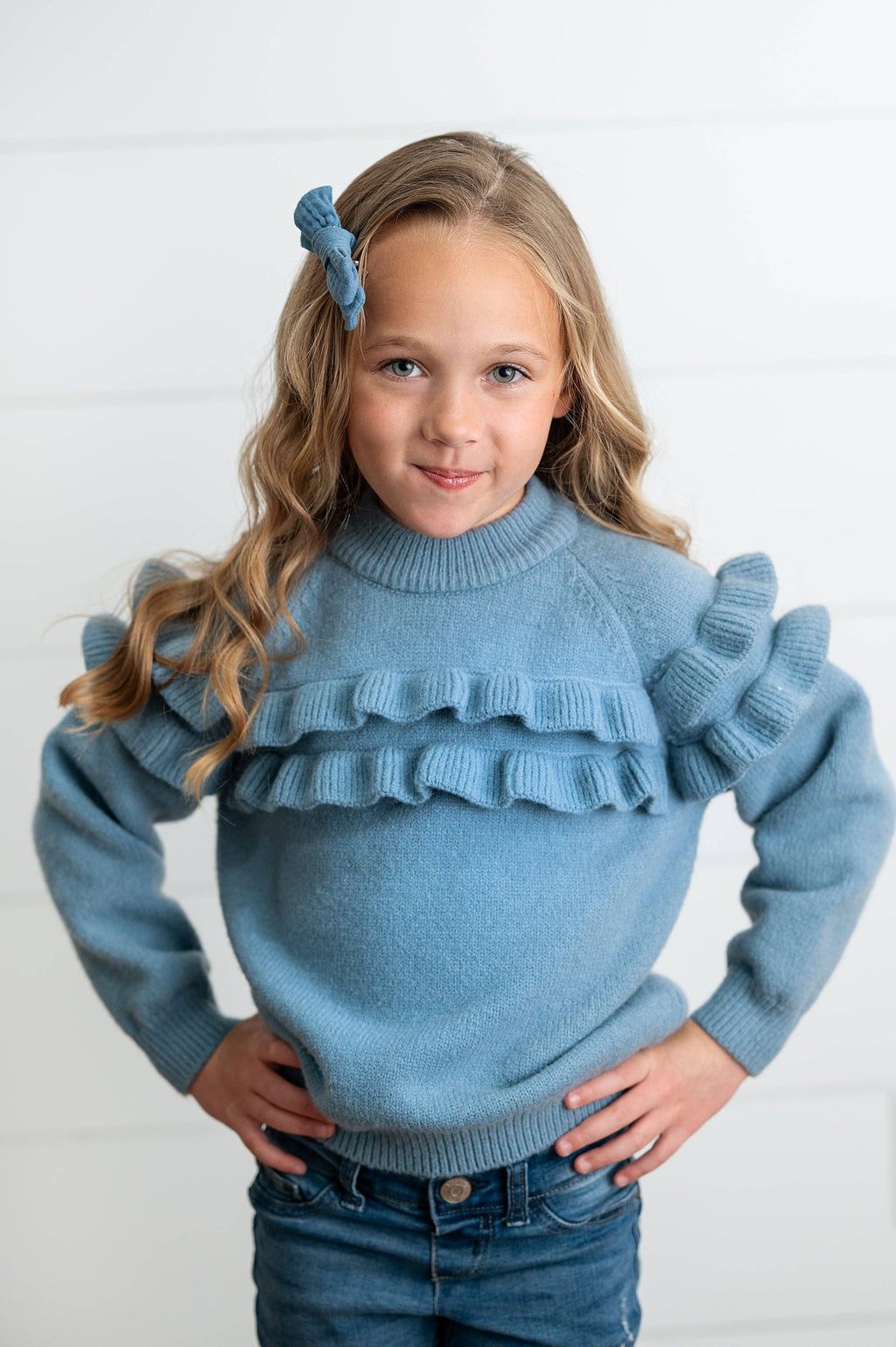 Ruffle Crew Neck Sweater | Dusty Blue