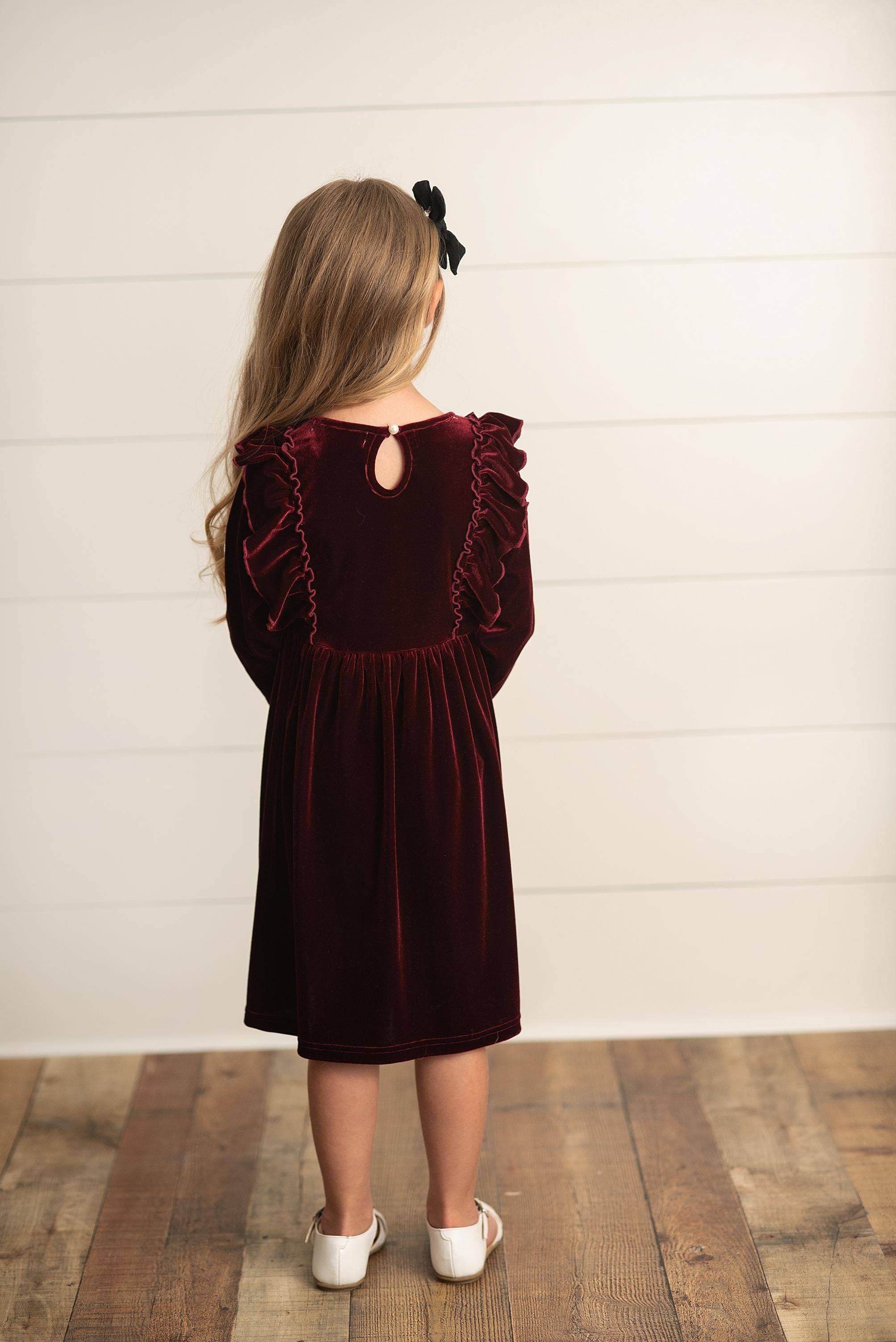 Velvet Bow Ruffle Dress | Burgundy Wine