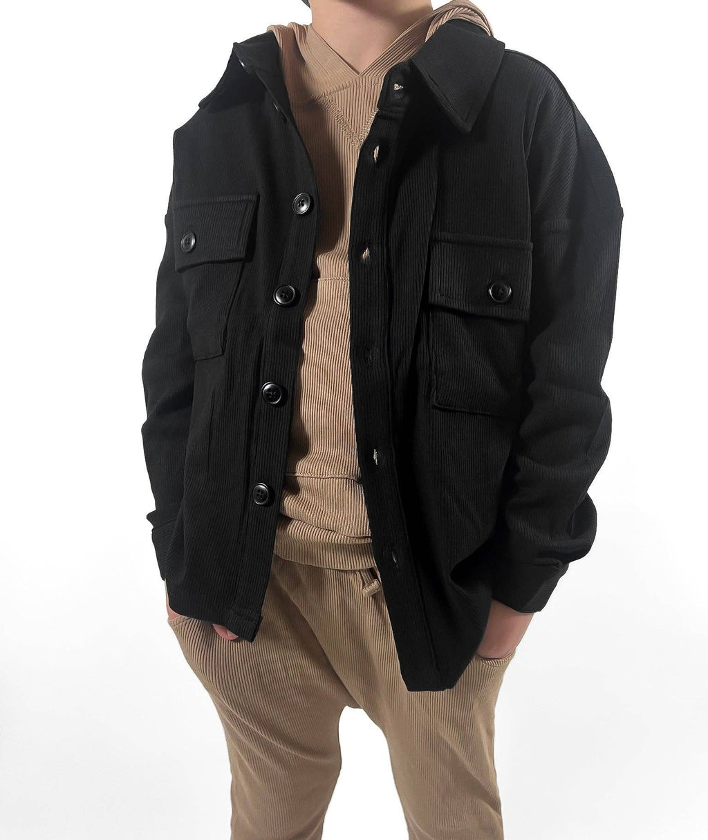 BAMBOO RIBBED BUTTON UP SHACKET | BLACK