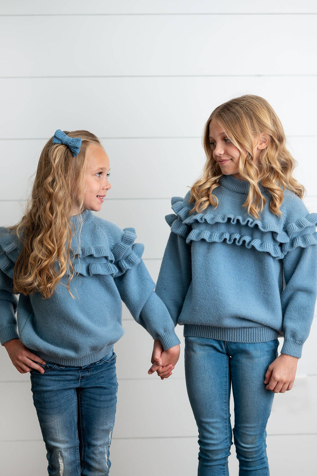 Ruffle Crew Neck Sweater | Dusty Blue