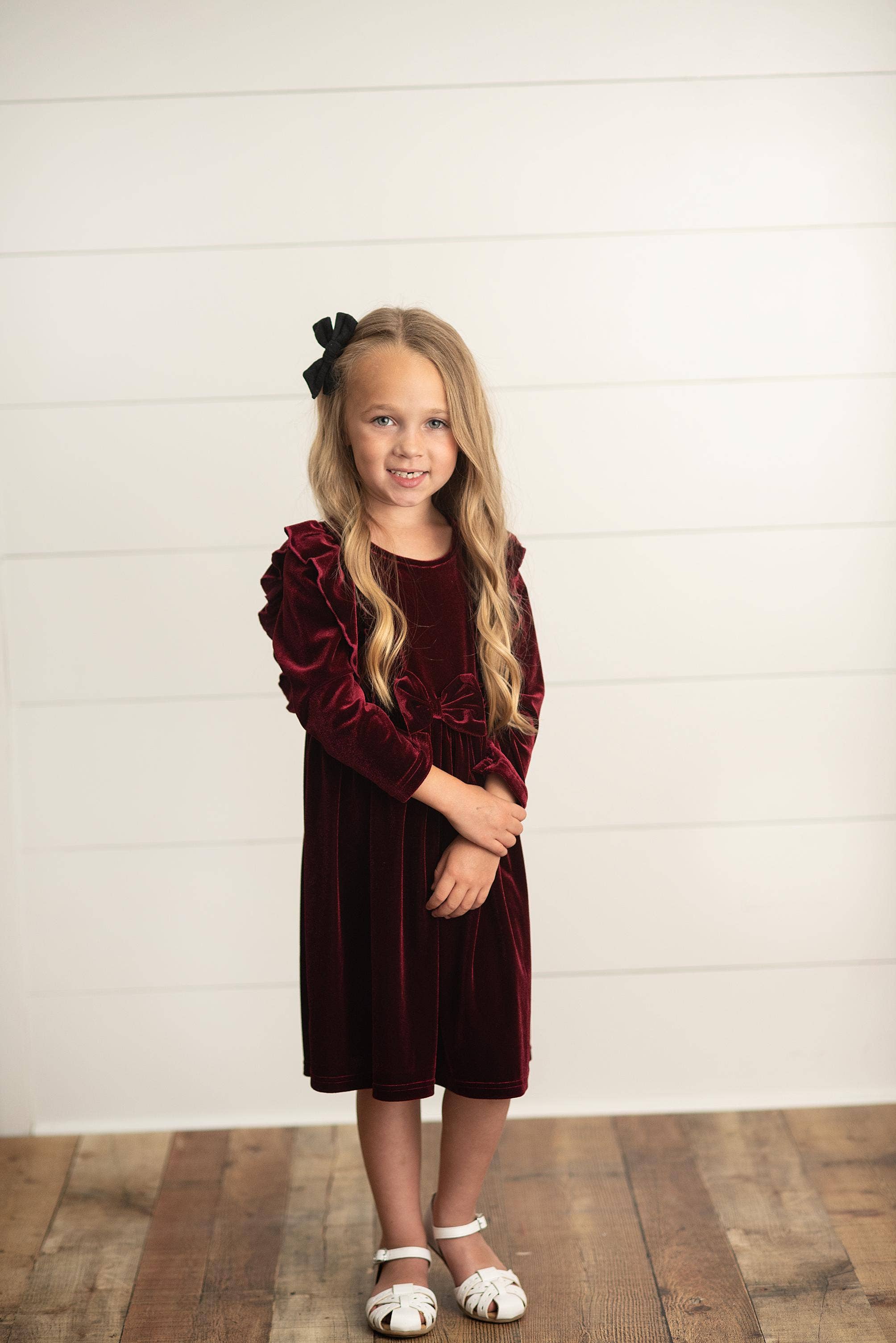Velvet Bow Ruffle Dress | Burgundy Wine