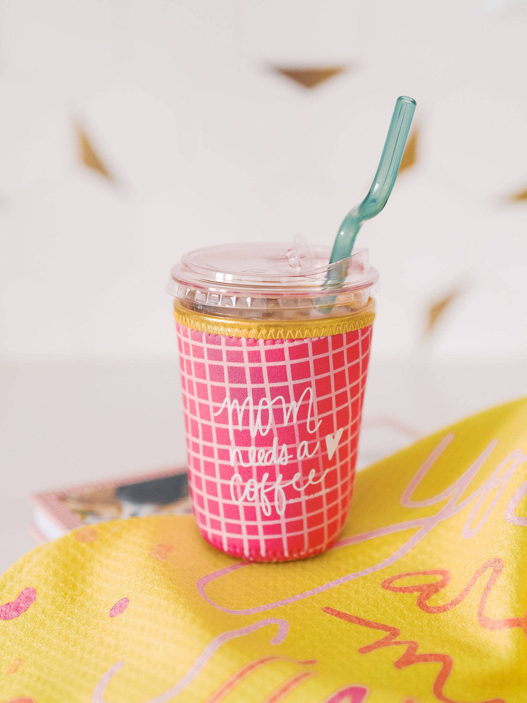 Mom Needs A Coffee Pink Grid Drink Sleeve