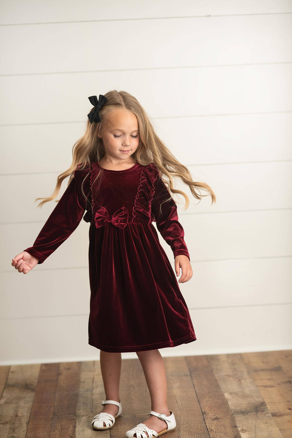 Velvet Bow Ruffle Dress | Burgundy Wine