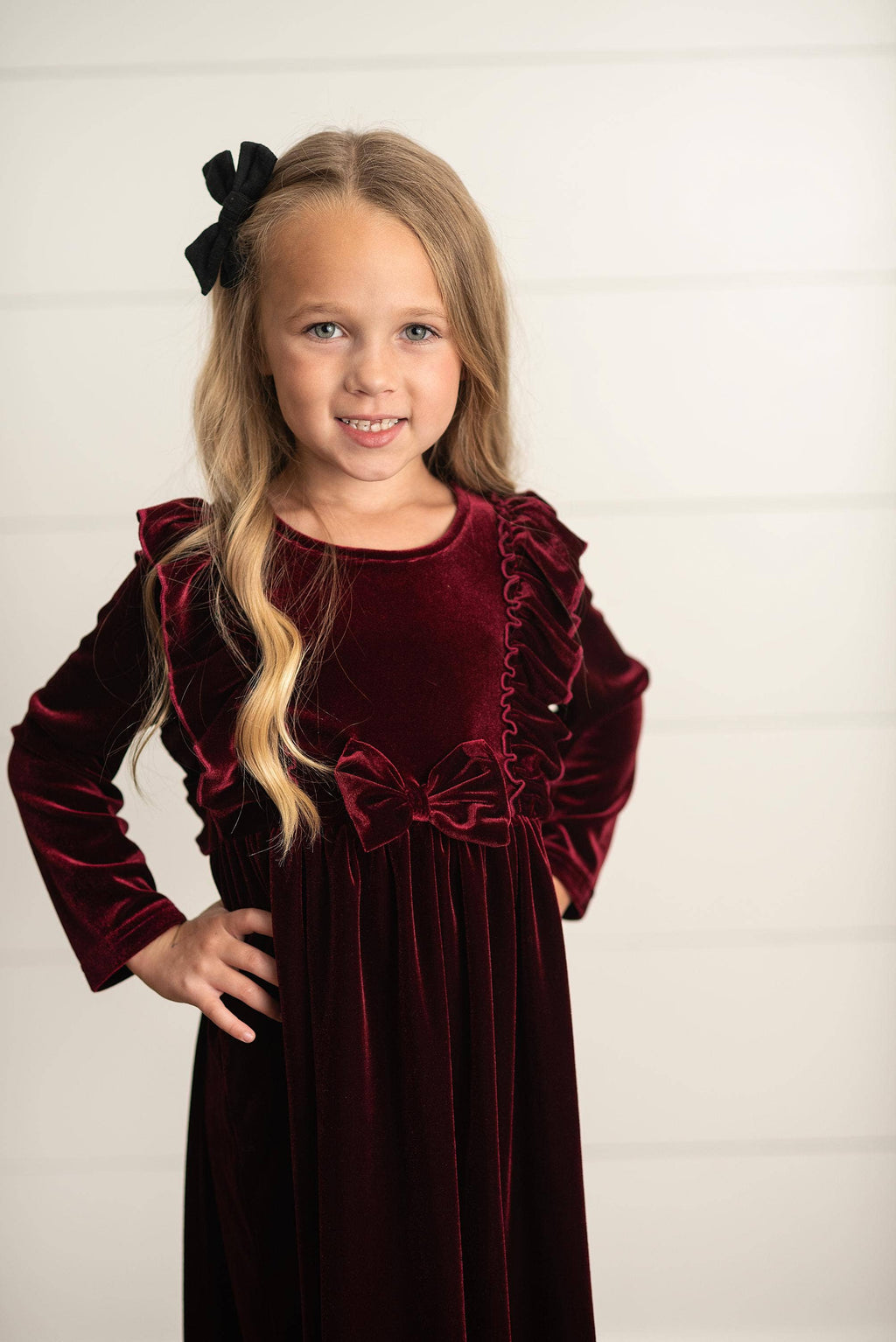 Velvet Bow Ruffle Dress | Burgundy Wine