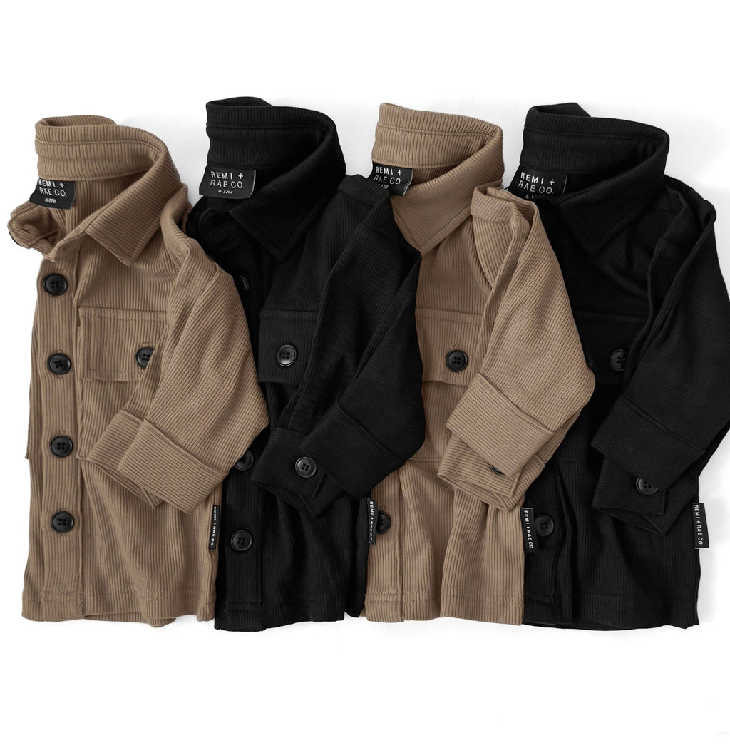 BAMBOO RIBBED BUTTON UP SHACKET | BLACK