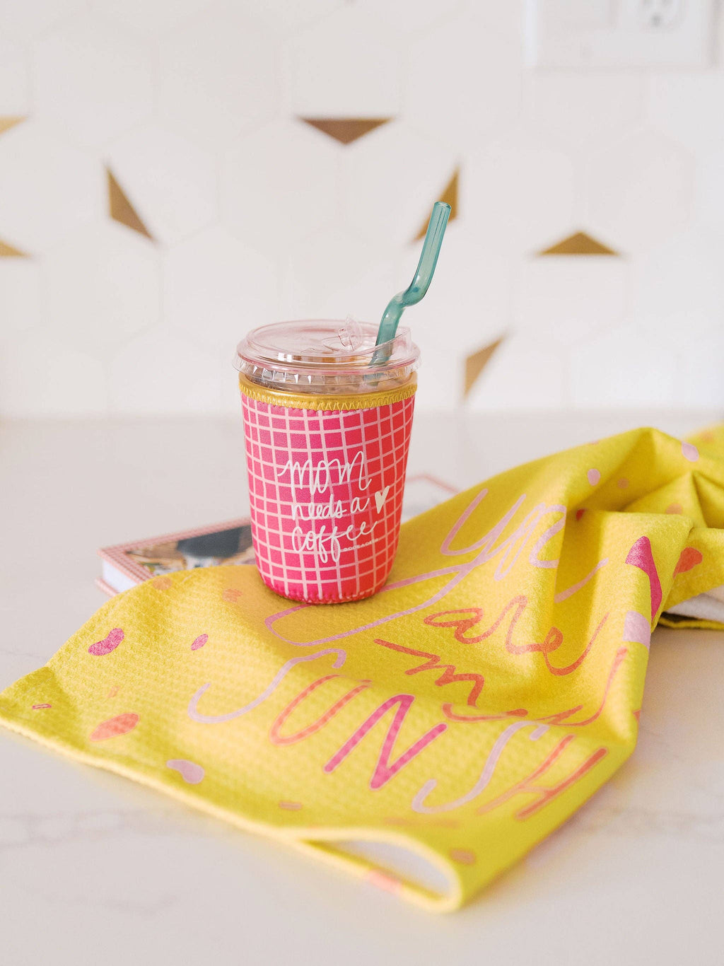 Mom Needs A Coffee Pink Grid Drink Sleeve