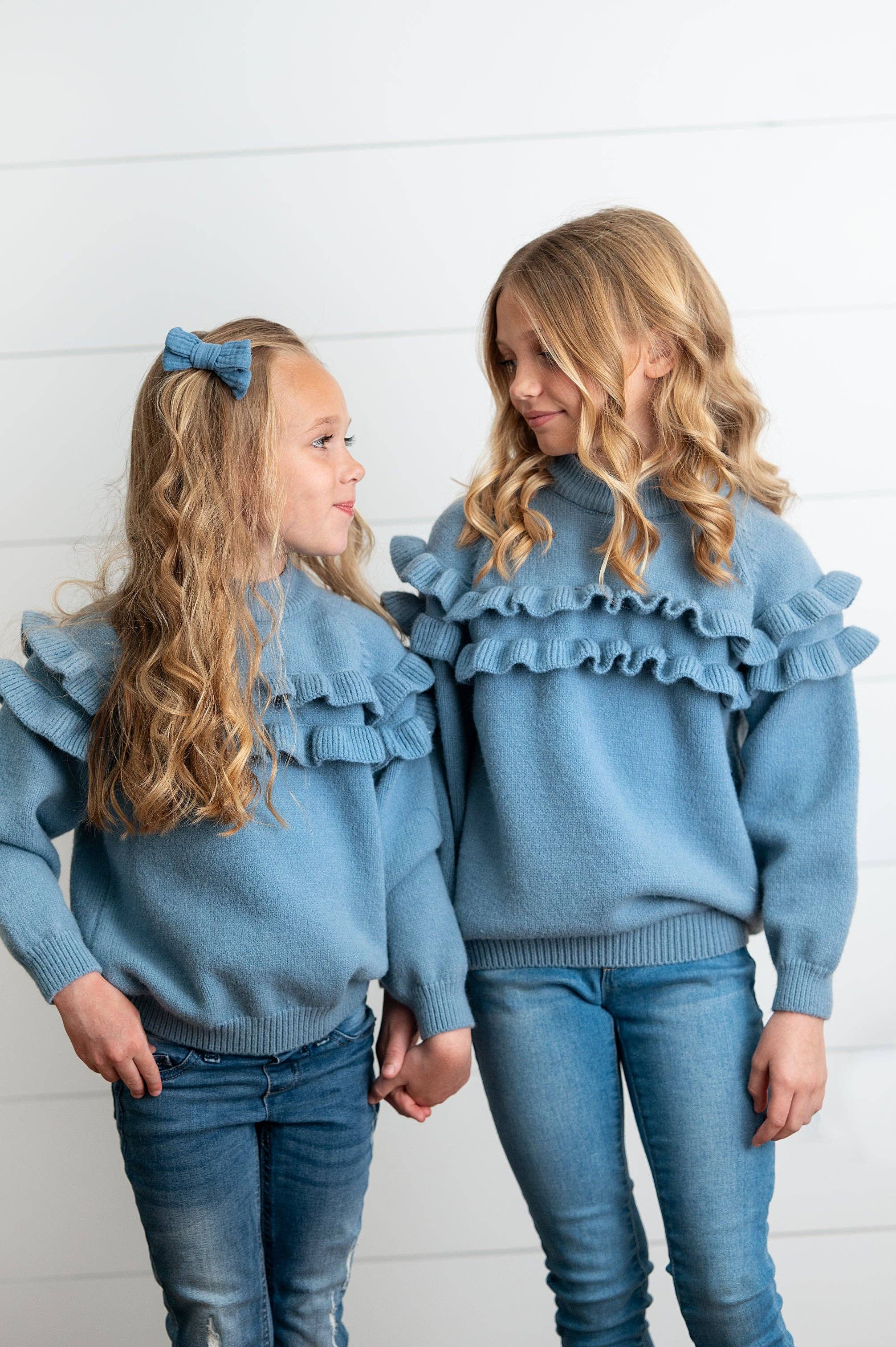 Ruffle Crew Neck Sweater | Dusty Blue