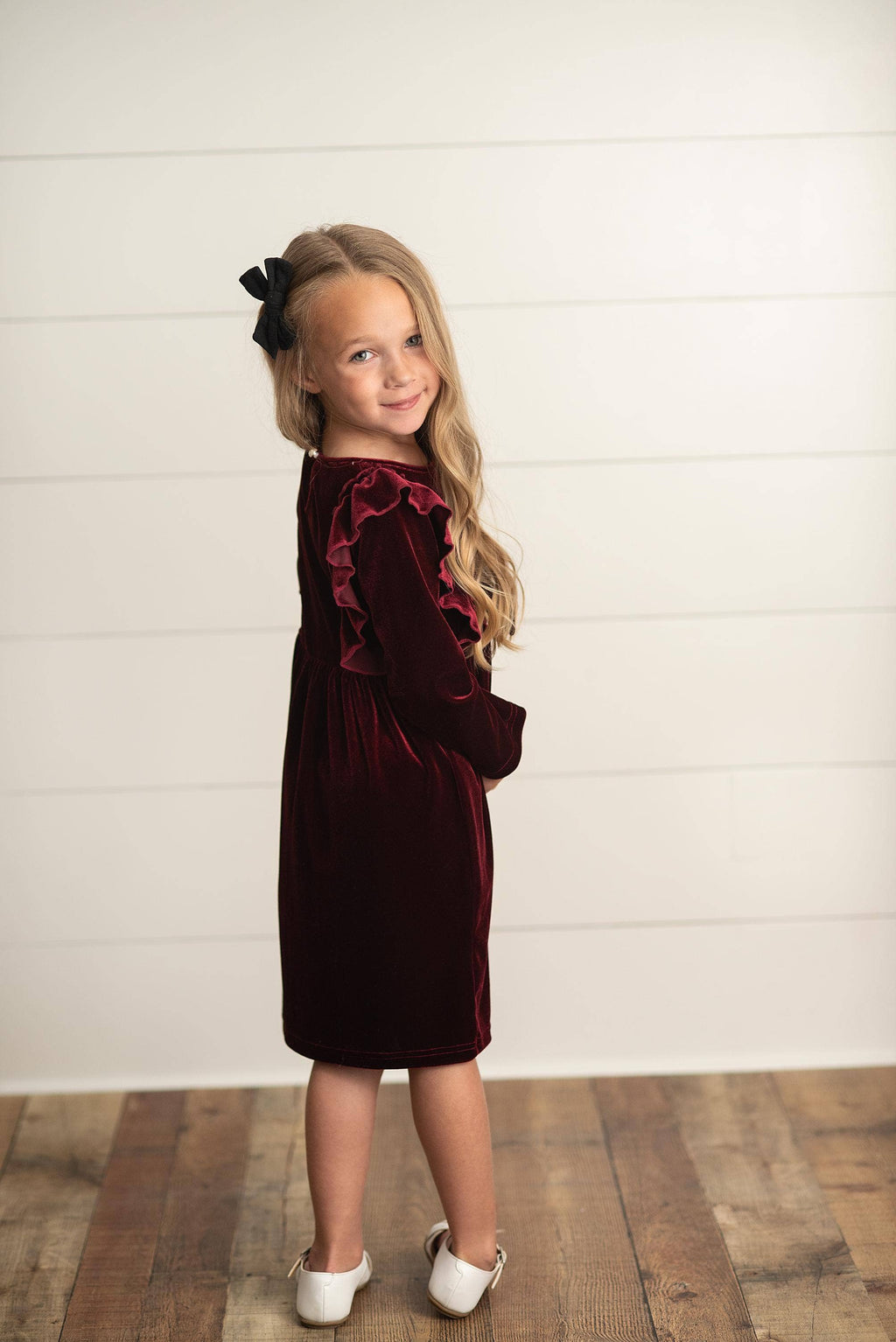 Velvet Bow Ruffle Dress | Burgundy Wine