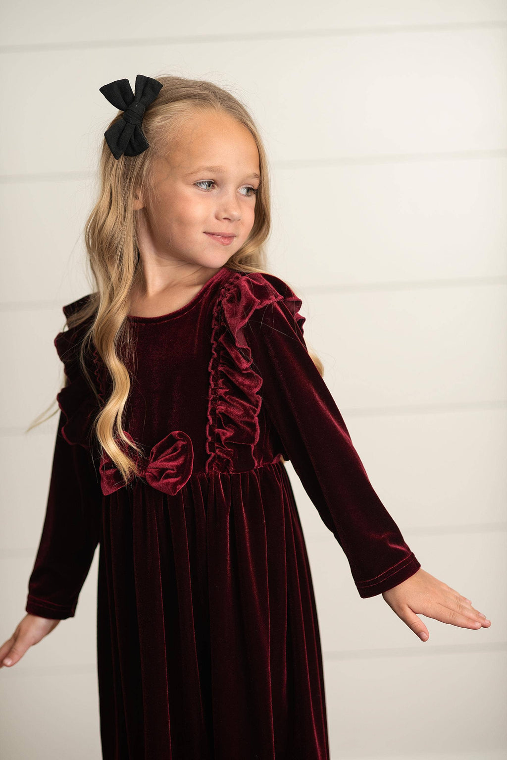 Velvet Bow Ruffle Dress | Burgundy Wine