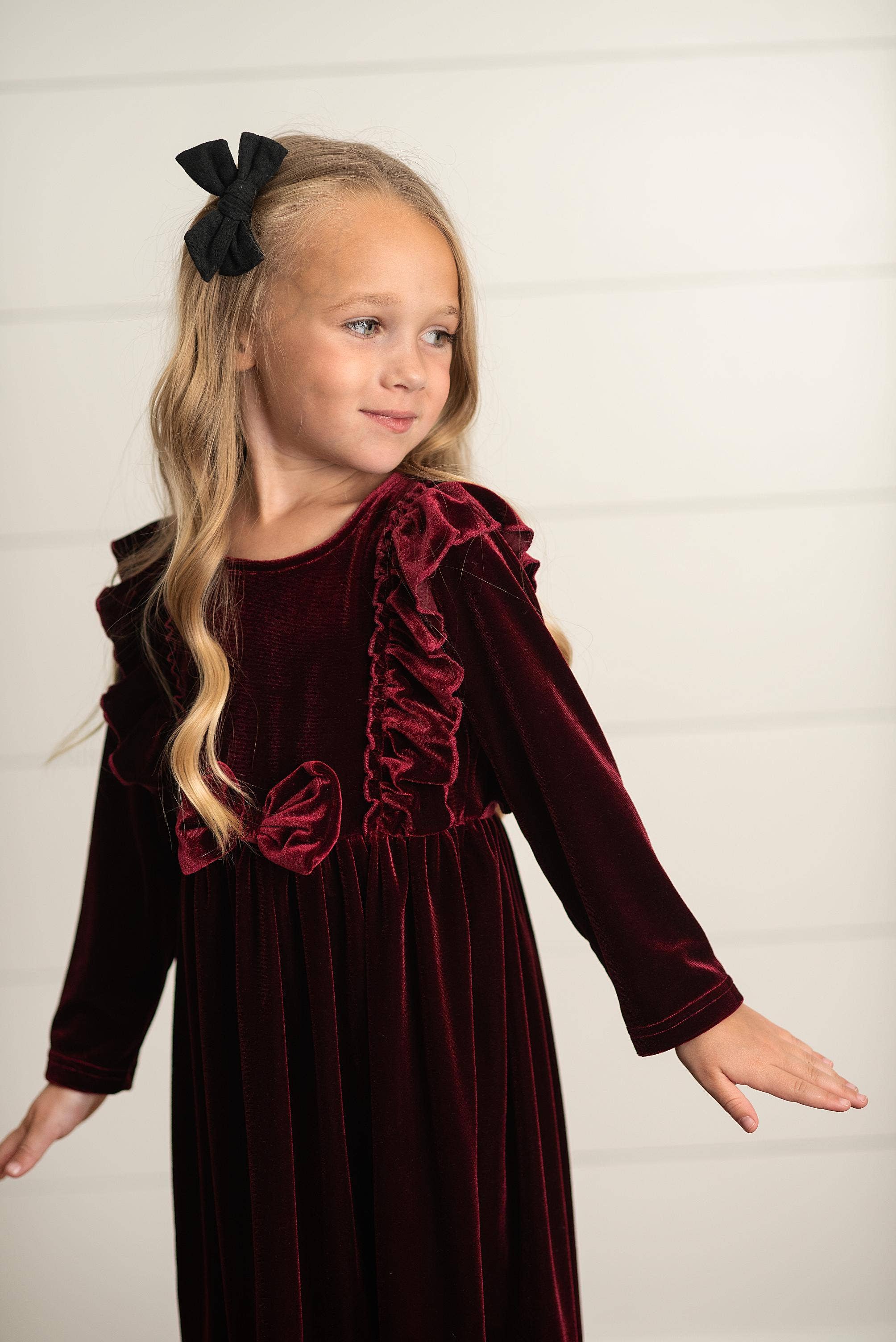 Velvet Bow Ruffle Dress | Burgundy Wine