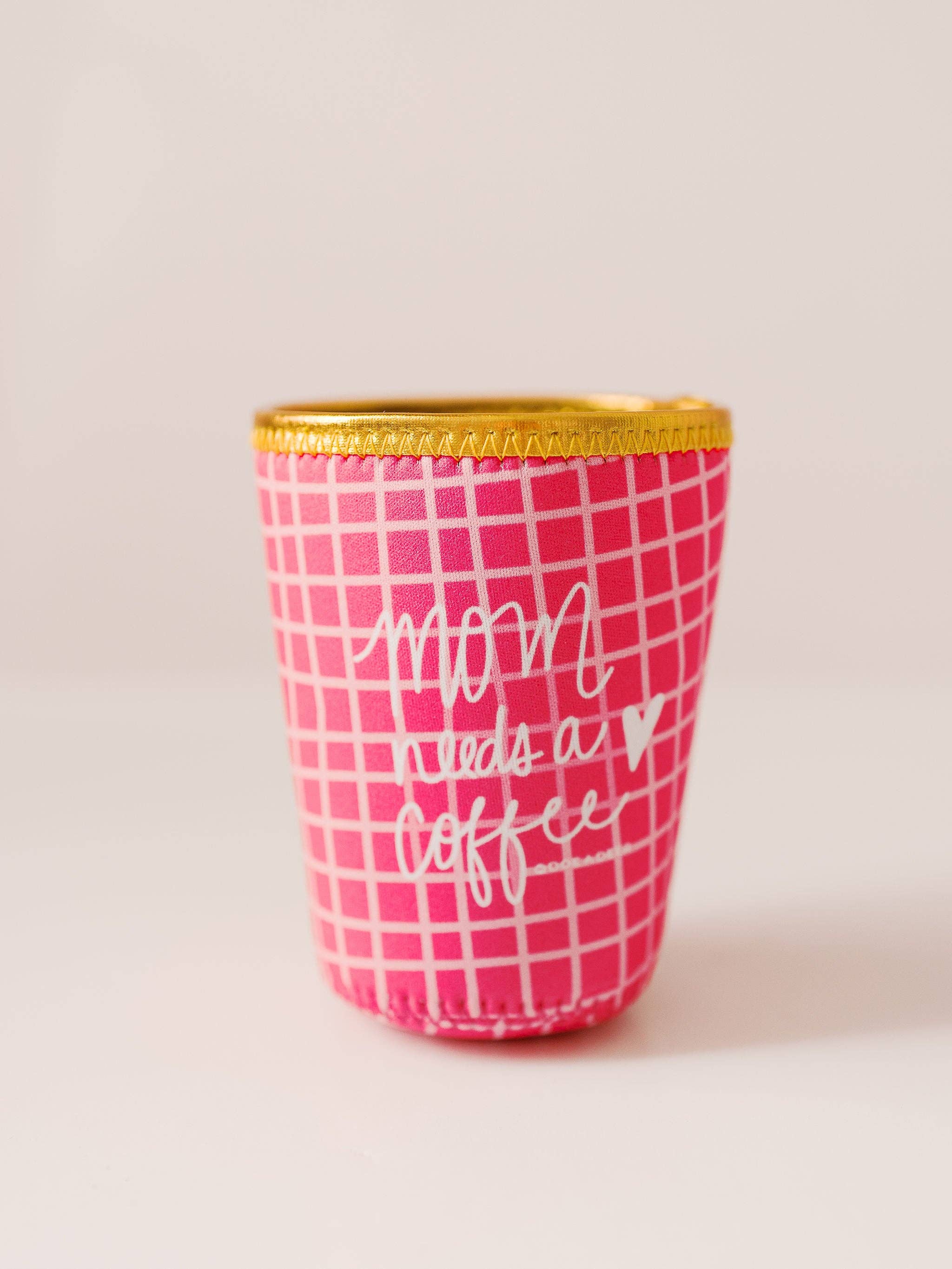 Mom Needs A Coffee Pink Grid Drink Sleeve